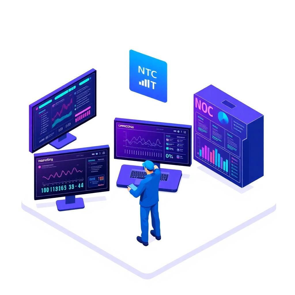 Isometric illustration of a NOC monitoring infrastructure