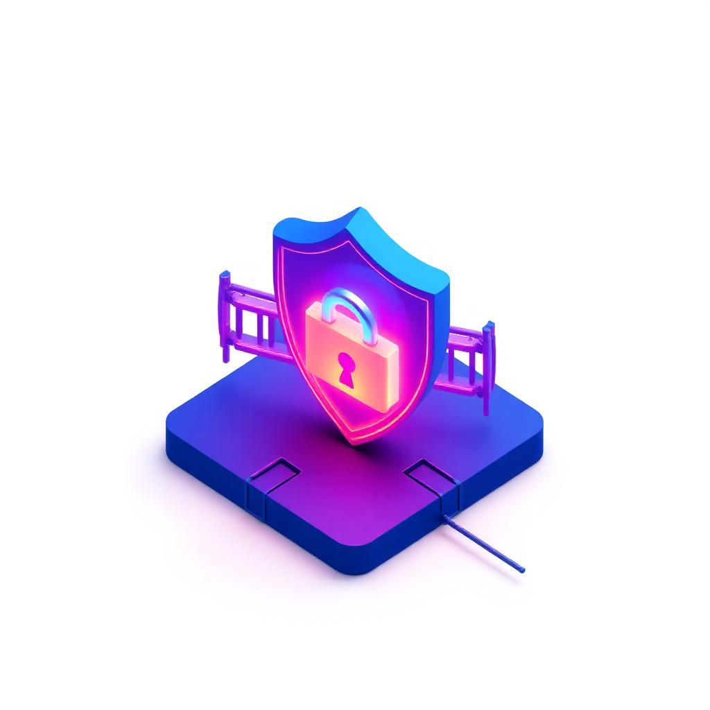 Isometric illustration of cybersecurity — shield and firewall