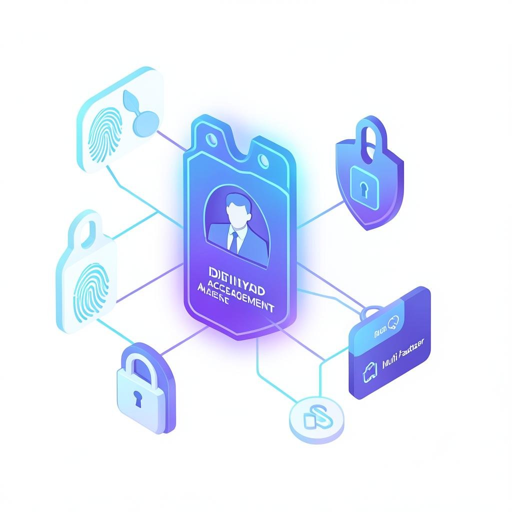 Digital identity badge with fingerprint, MFA token and access shield