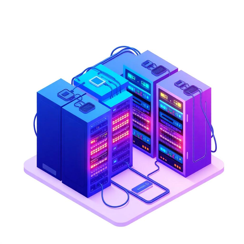 Isometric illustration of IT infrastructure — servers, network and storage